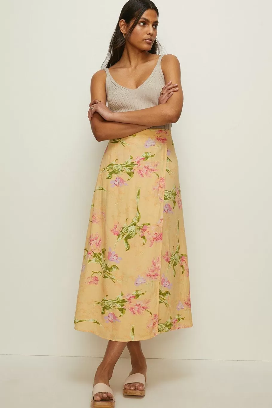 Oasis Tie Detail Floral Wrap Midi Skirt Amber Online