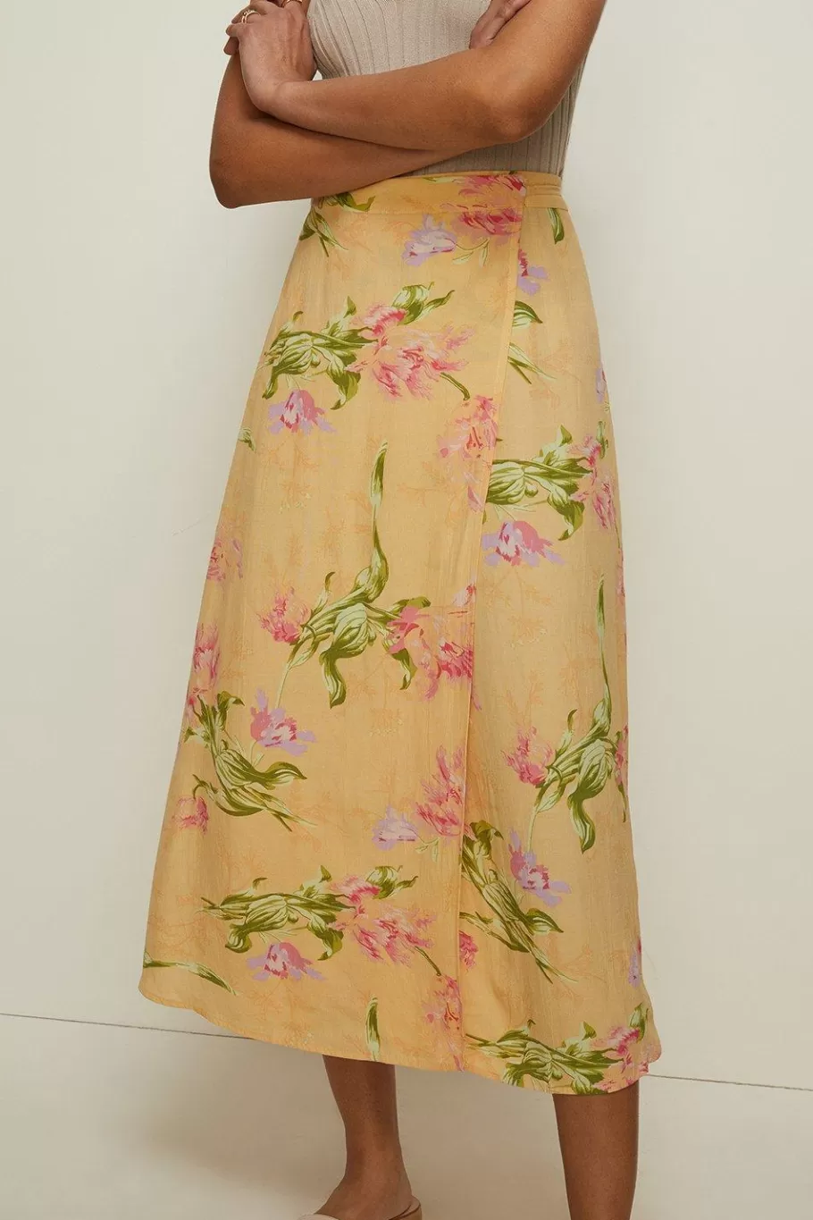 Oasis Tie Detail Floral Wrap Midi Skirt Amber Online