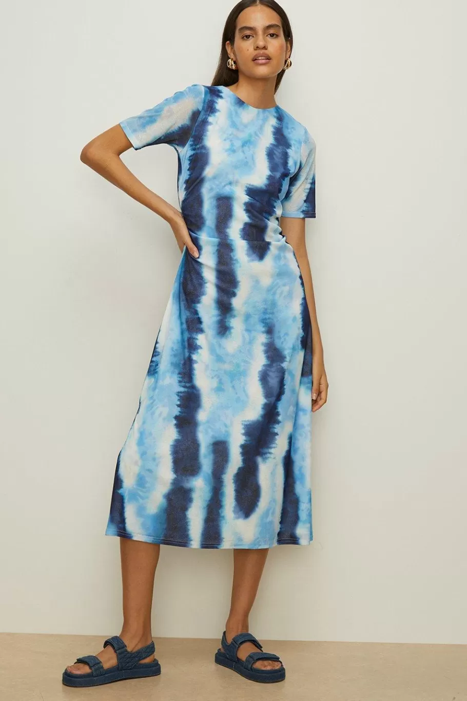 Oasis Tie Dye Mesh Ruched Side Midi Dress Blue Flash Sale