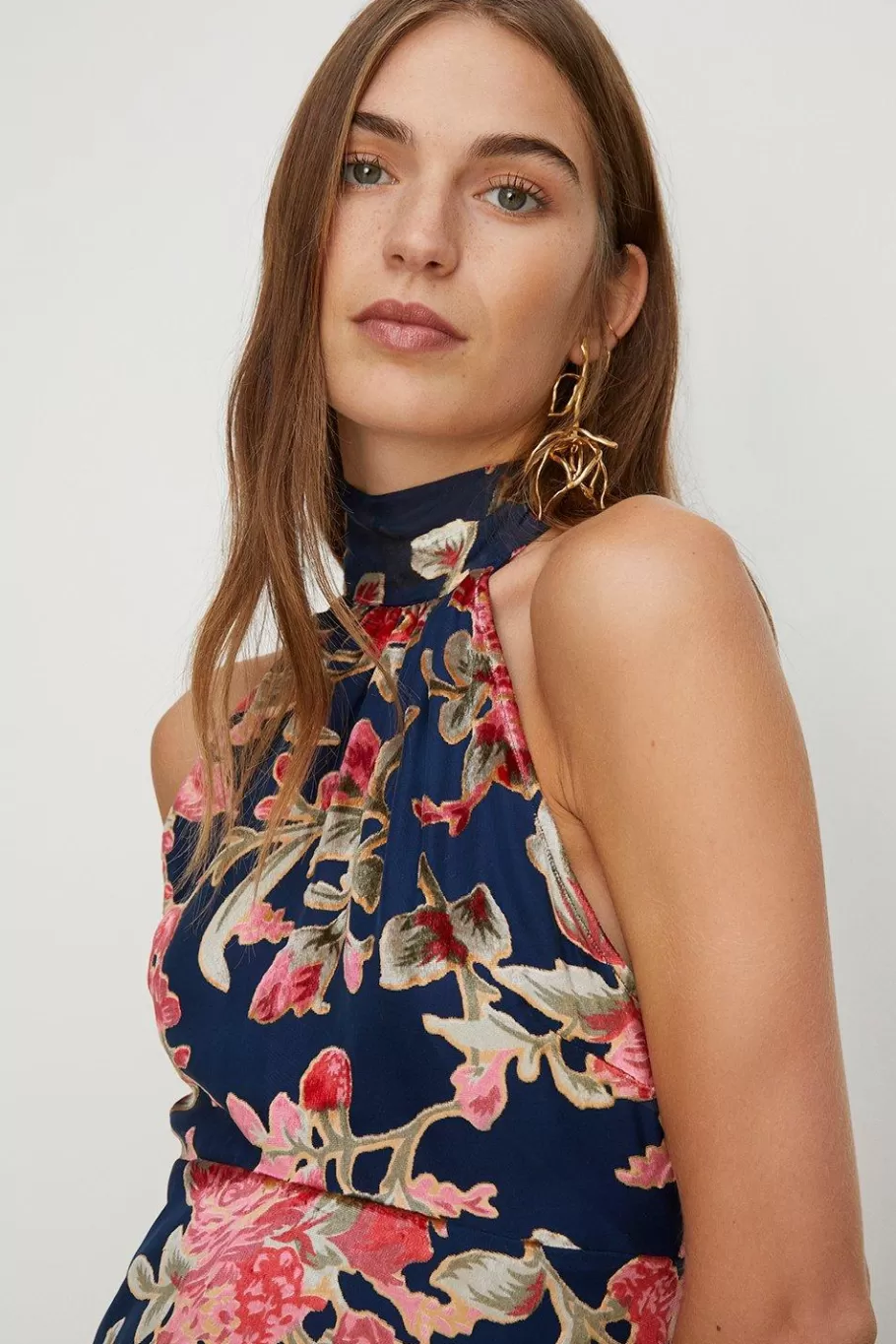 Oasis Tie Halterneck Floral Devore Midi Dress Navy Cheap