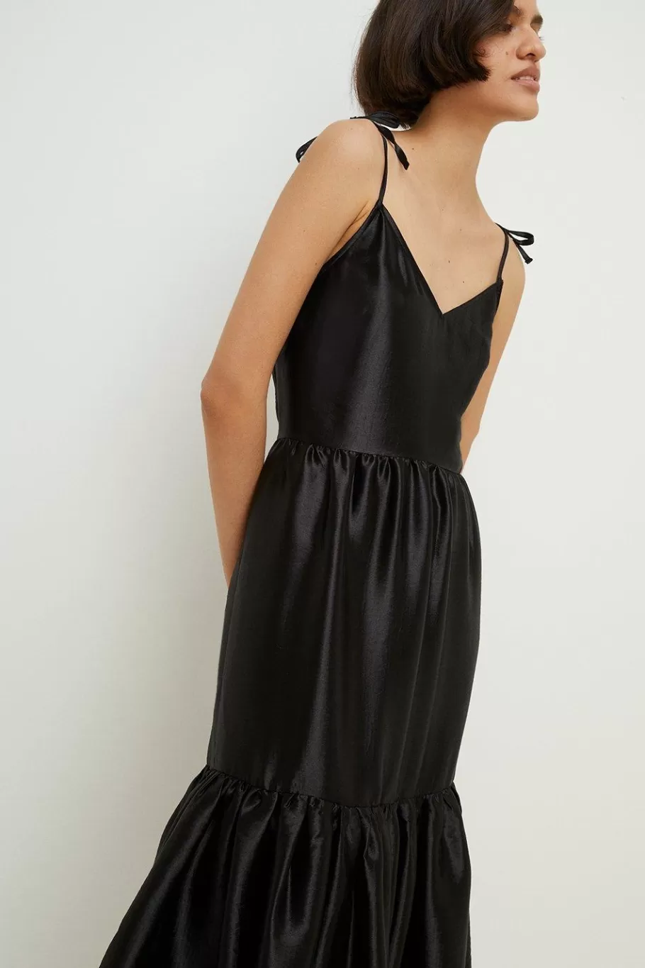 Oasis Tie Shoulder Satin Twill Tiered Midi Dress Black Shop