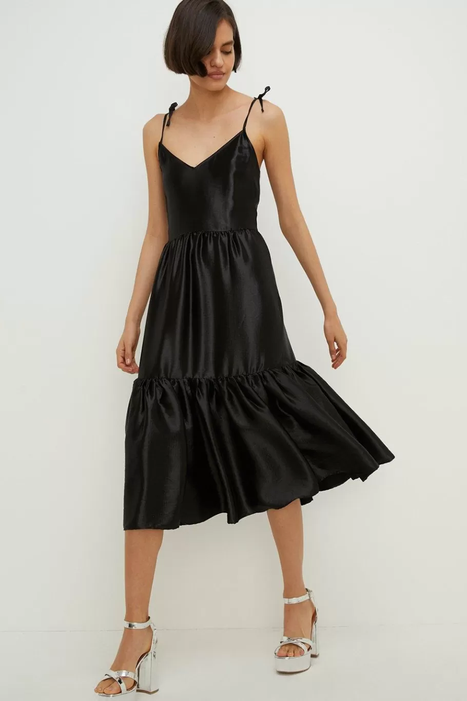 Oasis Tie Shoulder Satin Twill Tiered Midi Dress Black Shop