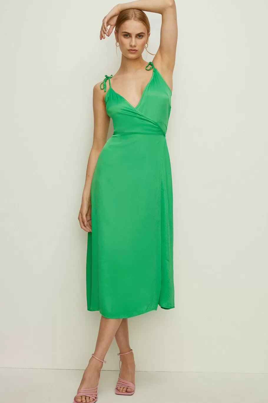 Oasis Tie Strap Wrap Midi Dress Bright Green Outlet