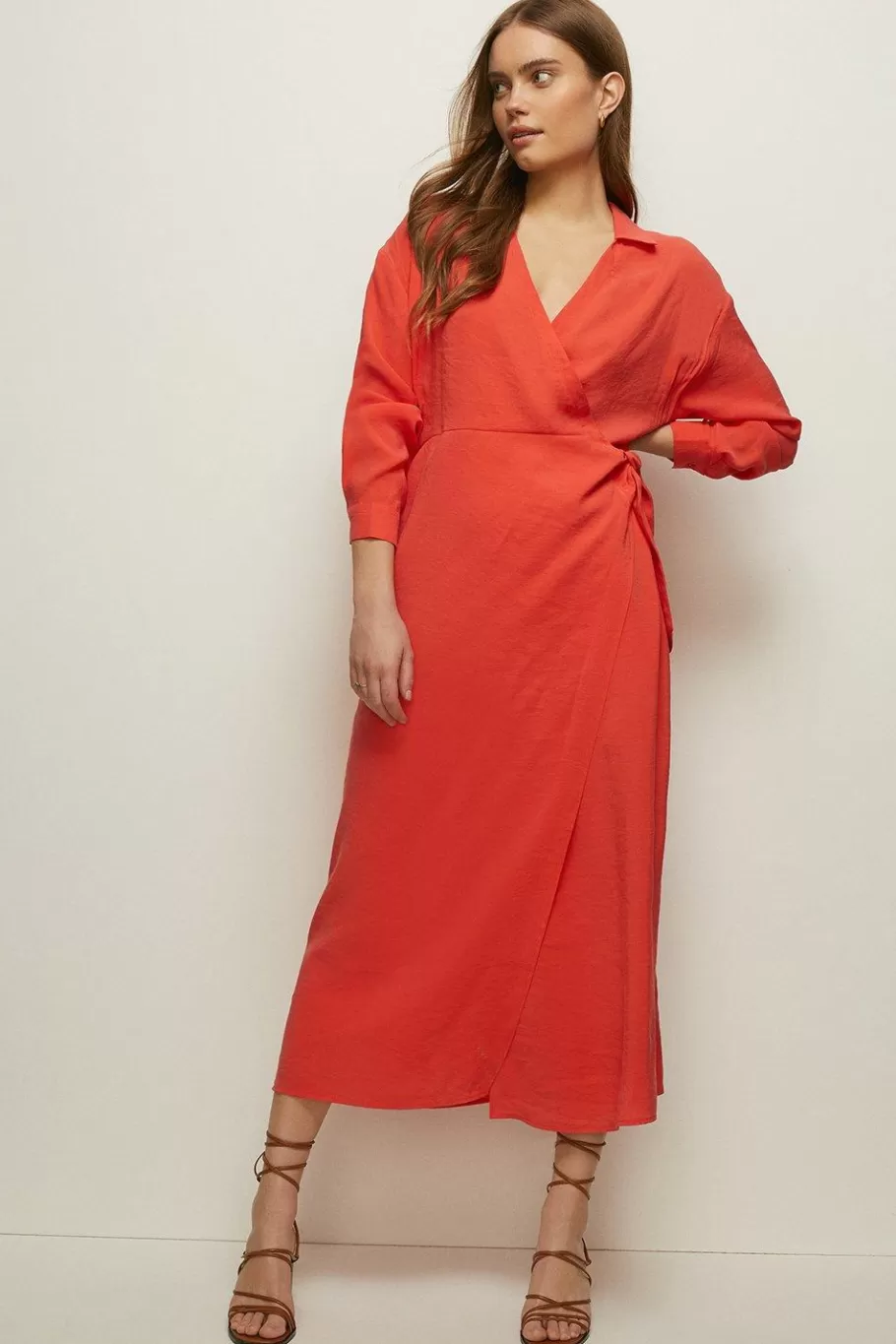 Oasis Tie Wrap Cupro Midi Dress Red Hot