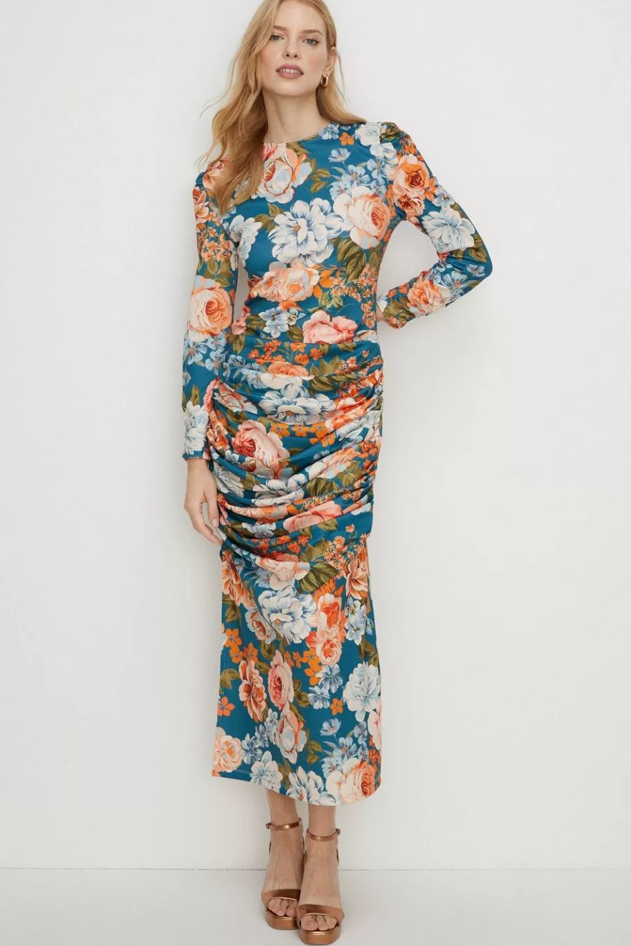 Oasis Tissue Crepe Floral Draped Split Midi Dress Multi Hot