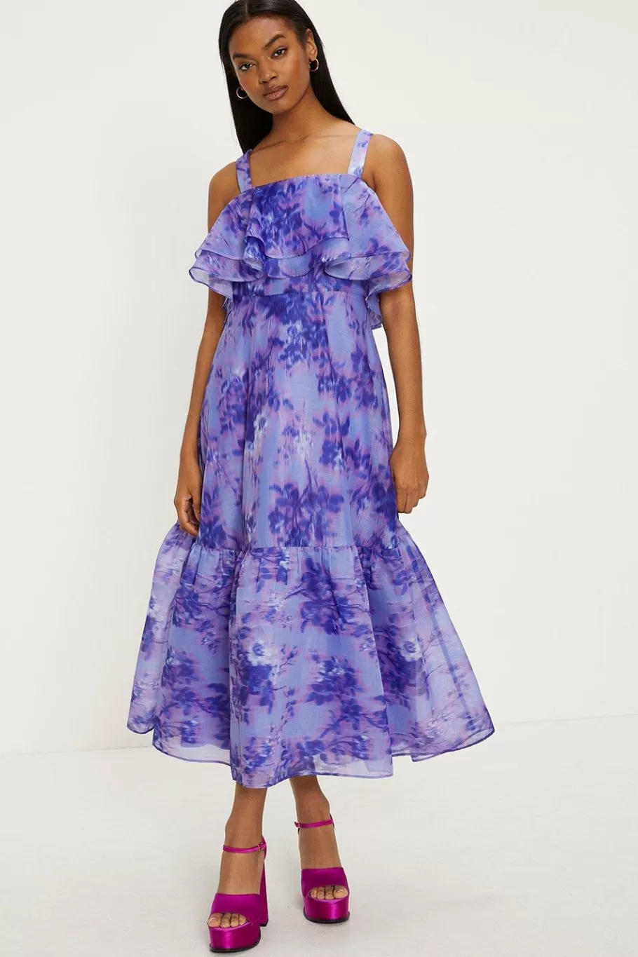 Oasis Tonal Blurred Floral Ruffle Organza Midi Dress Lilac Store