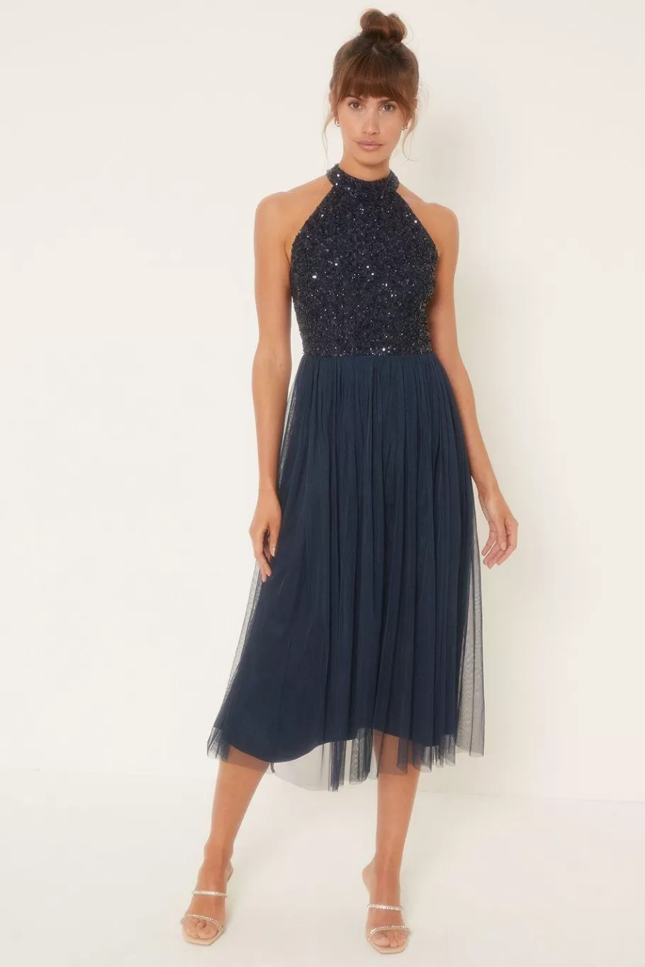 Oasis Tonal Sequin Halterneck Midi Dress Navy Outlet