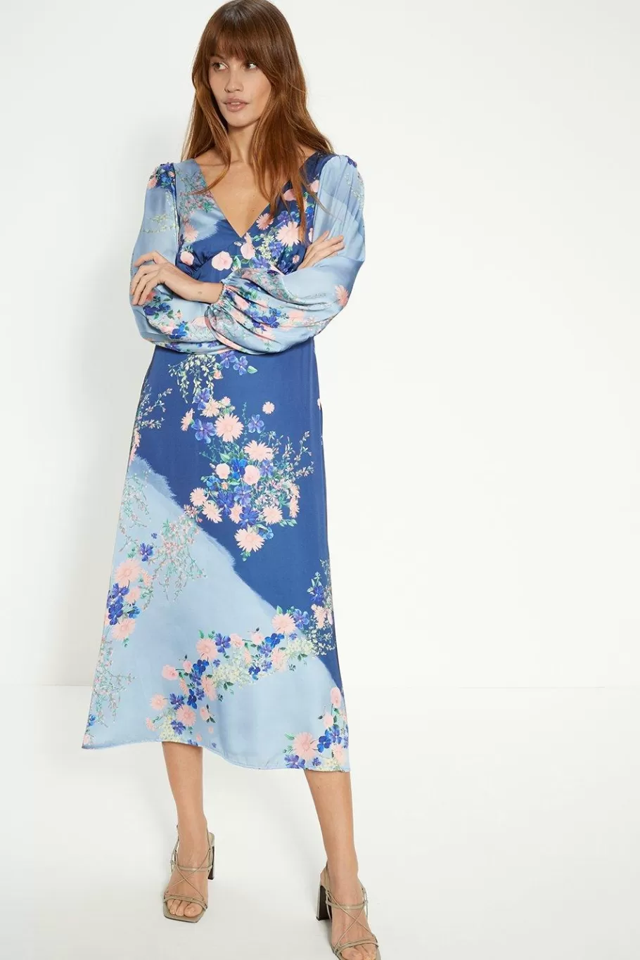 Oasis Trailing Floral Satin Back Detail Midi Dress Blue New