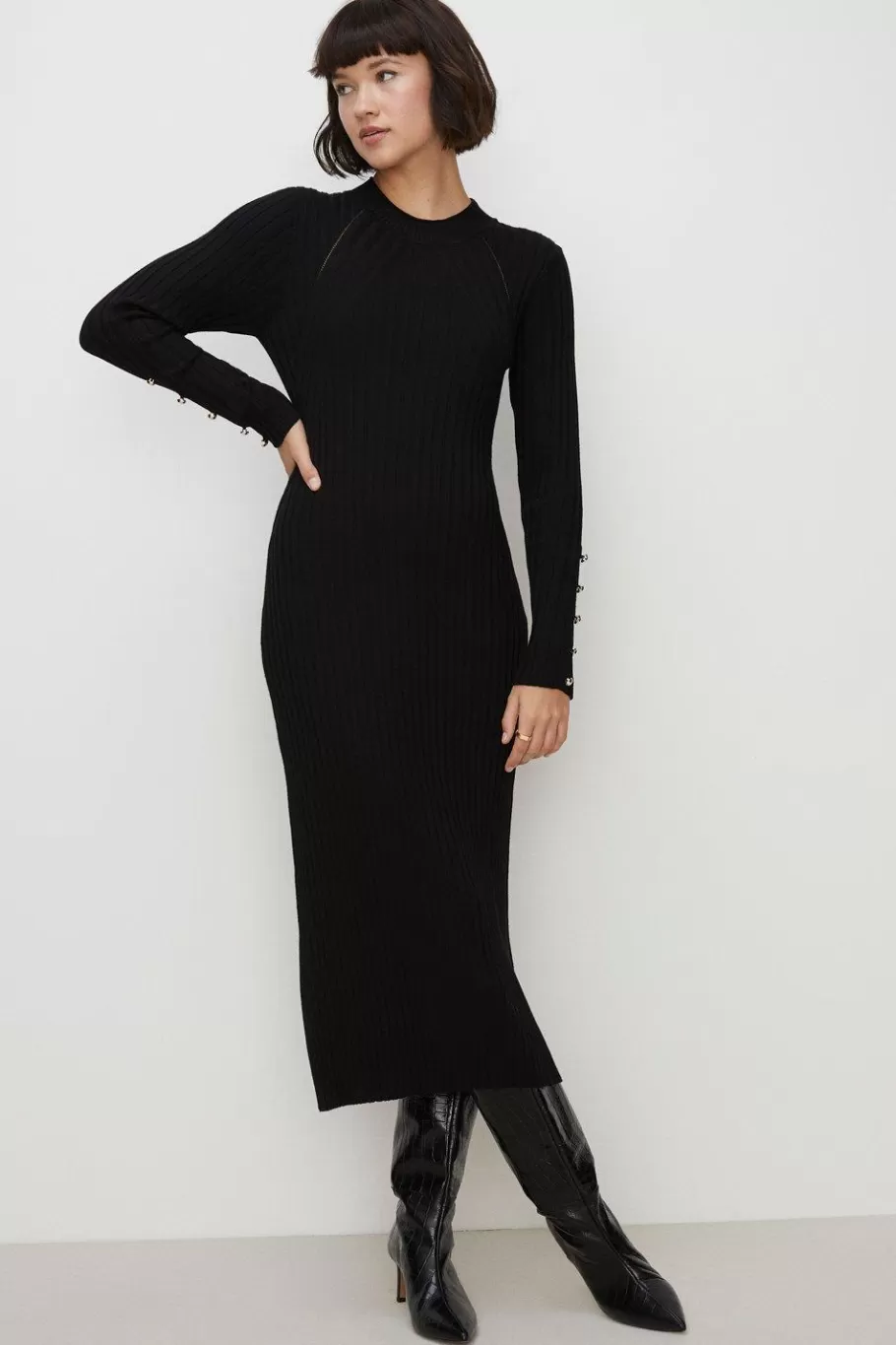 Oasis Travelling Rib Crew Neck Knitted Midi Dress Wine Fashion