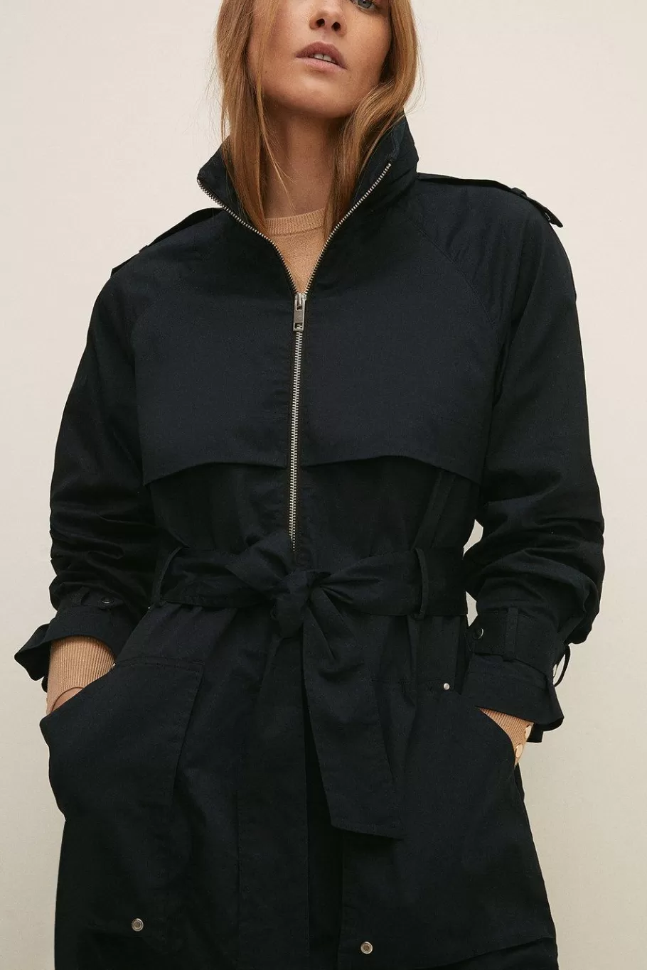 Oasis Trench Detail Belted Parka Black New