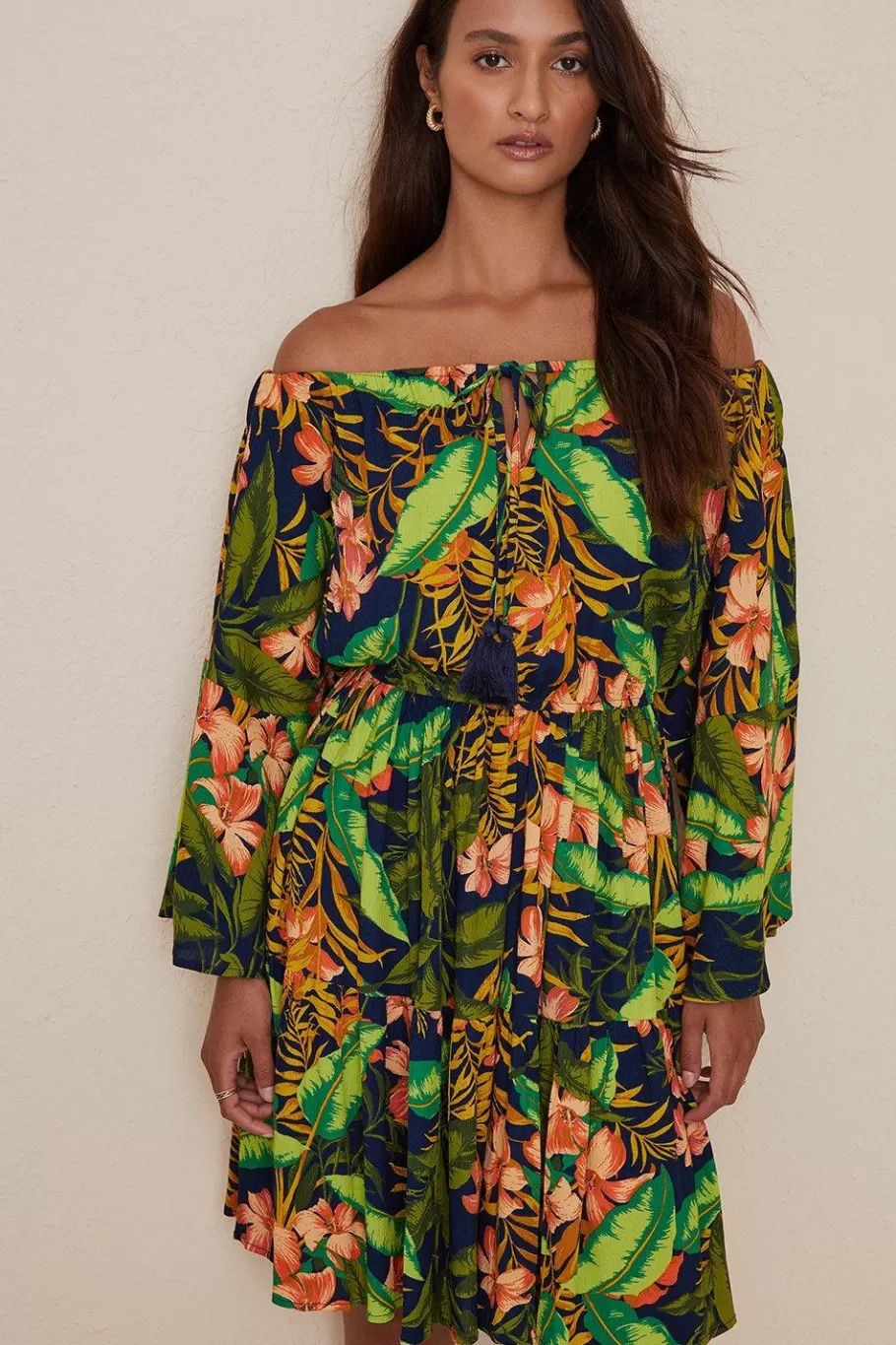 Oasis Tropical Floral Bardot Dress Green Sale