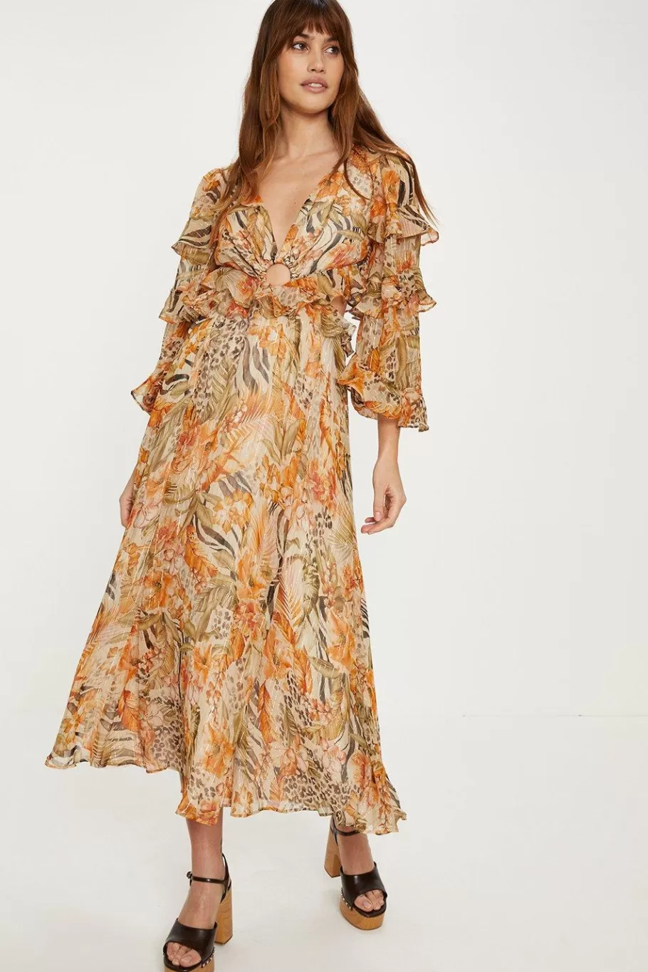 Oasis Tropical Metallic Ruffle Sleeve Midi Dress Animal Discount