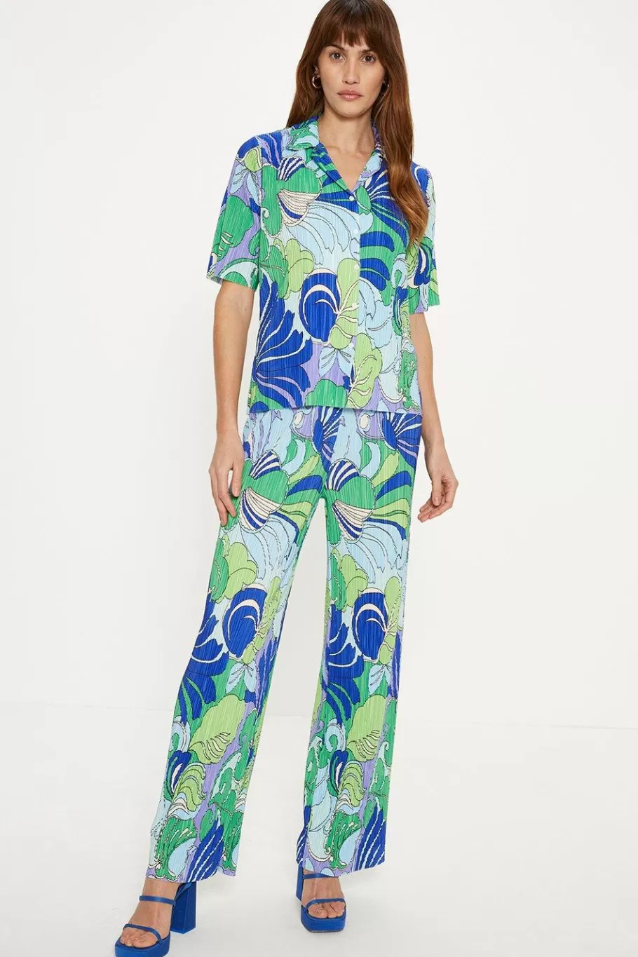 Oasis Tropical Plisse Wide Leg Trouser Blue Cheap