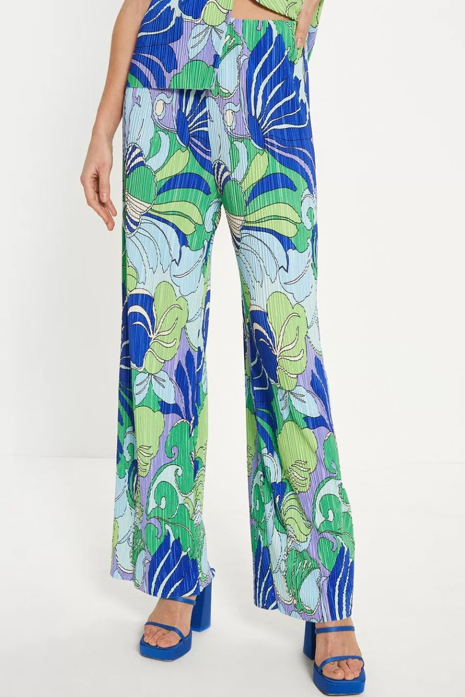 Oasis Tropical Plisse Wide Leg Trouser Blue Cheap