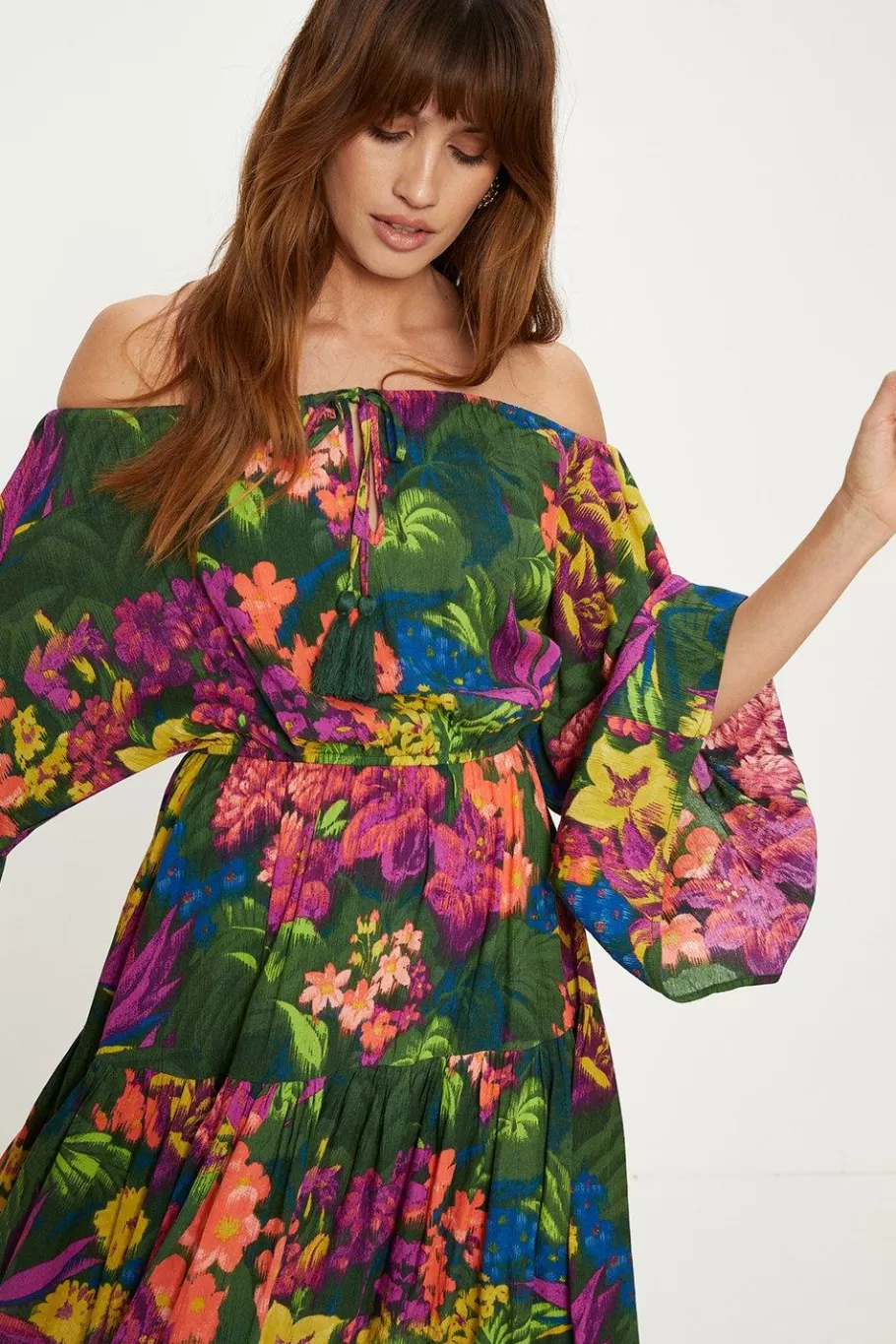 Oasis Tropical Print Crinkle Shirred Bardot Dress Multi Cheap