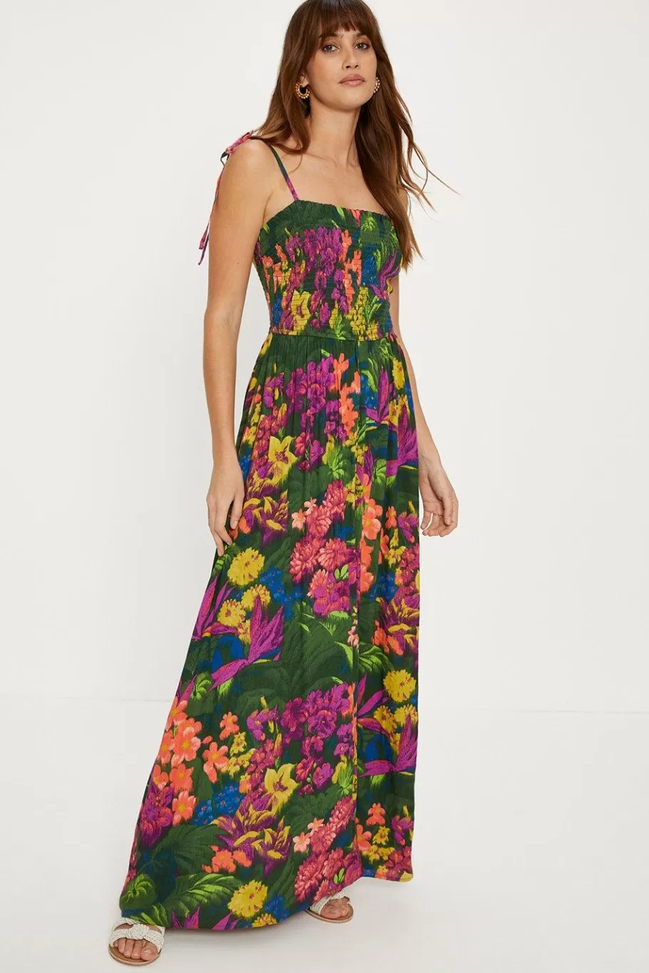 Oasis Tropical Print Crinkle Shirred Maxi Dress Multi Discount