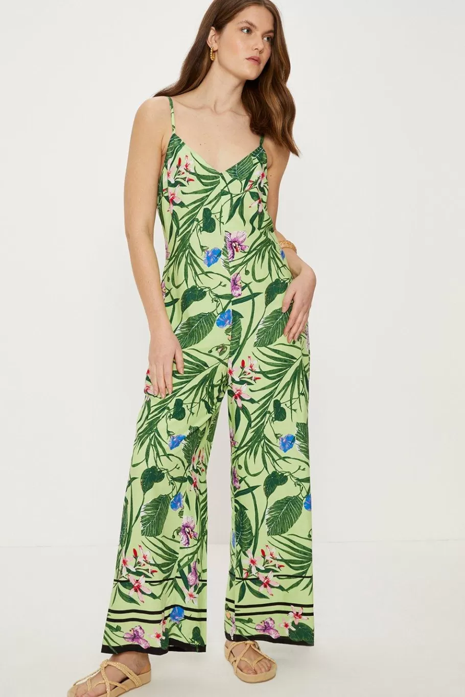 Oasis Tropical Print Strappy Jumpsuit Green New