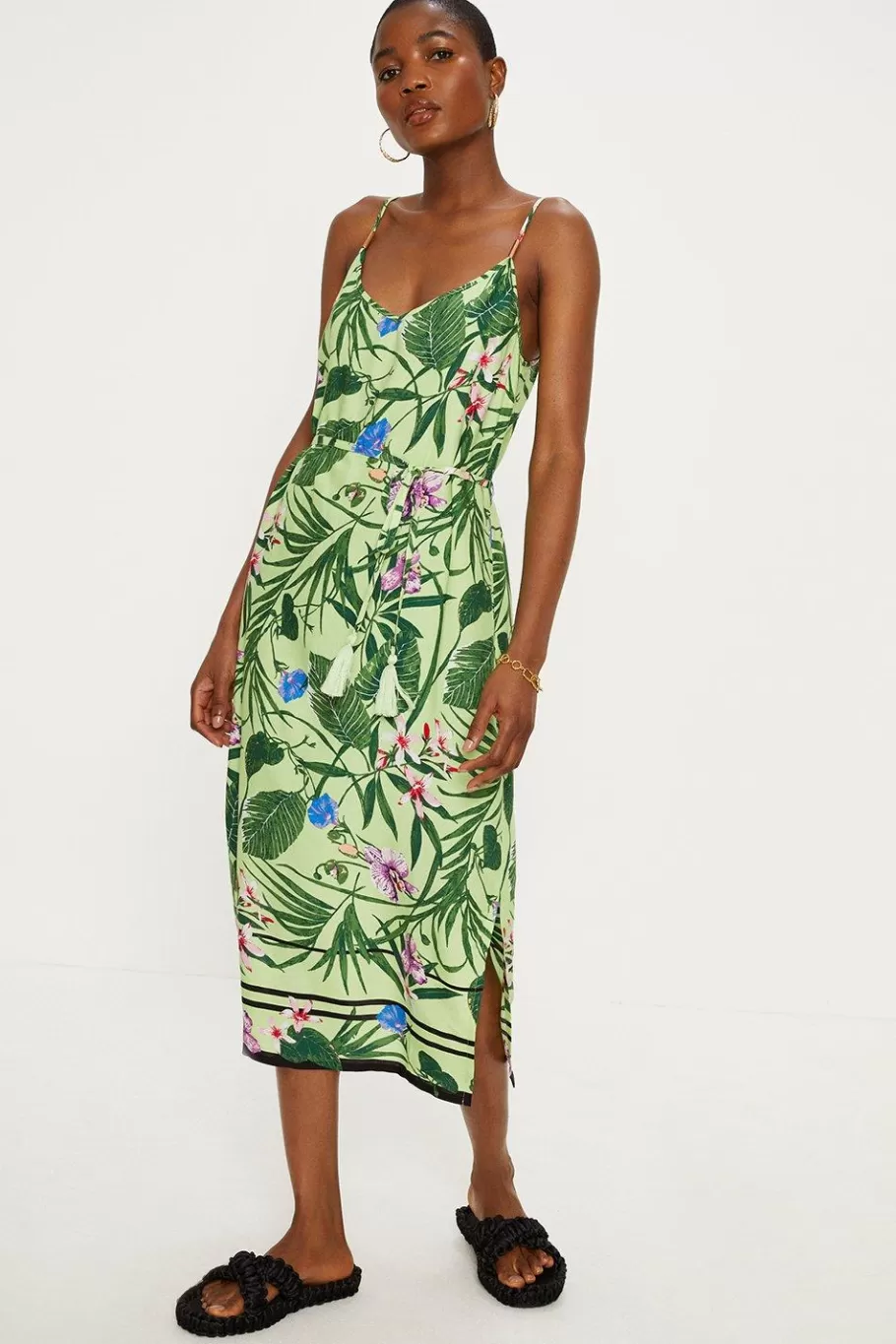 Oasis Tropical Print Strappy Midi Dress Green Discount