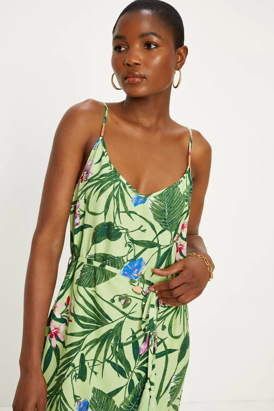 Oasis Tropical Print Strappy Midi Dress Green Discount