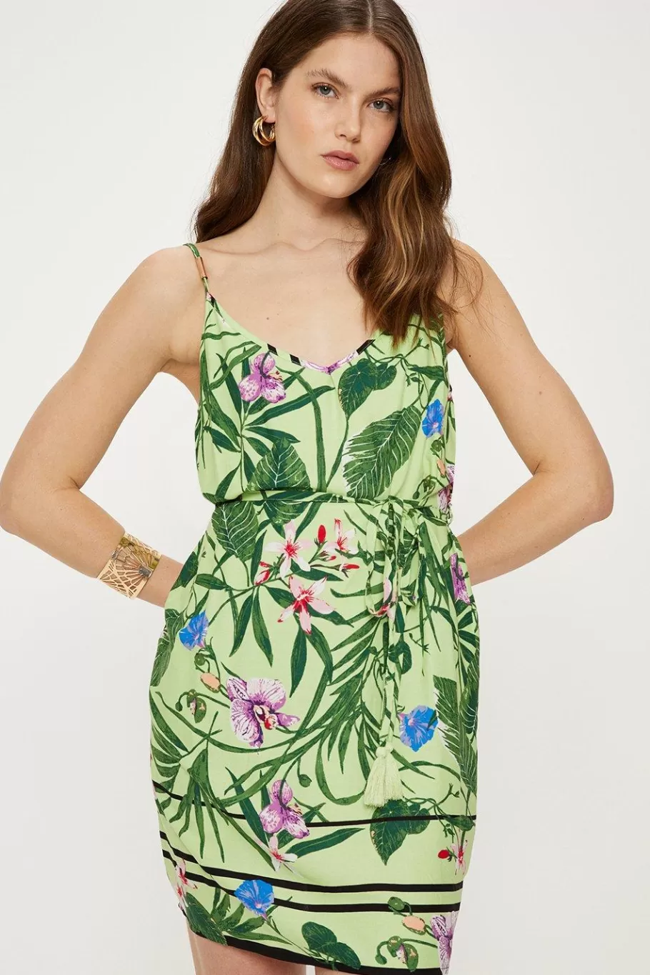 Oasis Tropical Print Strappy Mini Dress Green New