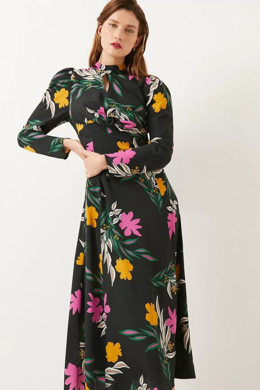 Oasis Tropical Printed Keyhole Midi Dress Black Clearance