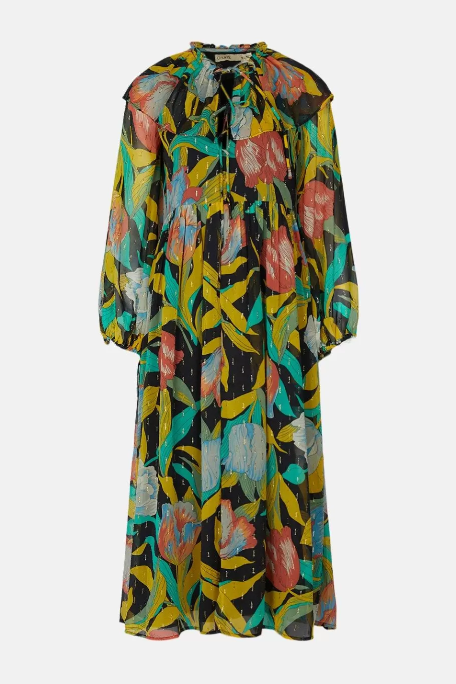 Oasis Tulip Printed Metallic Frill Neck Midi Dress Multi Fashion