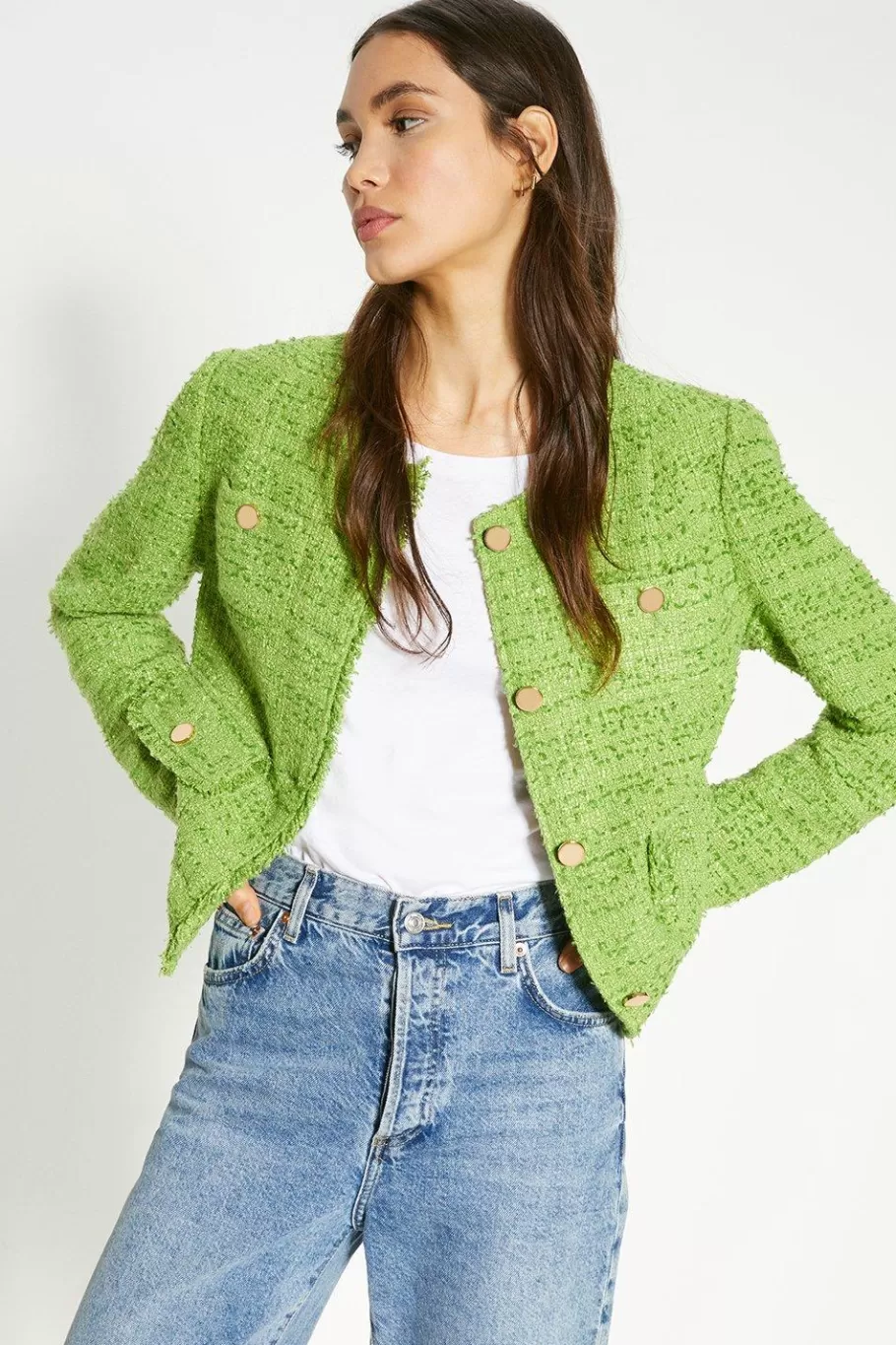 Oasis Tweed Fringe Pocket Detail Blazer Green Sale