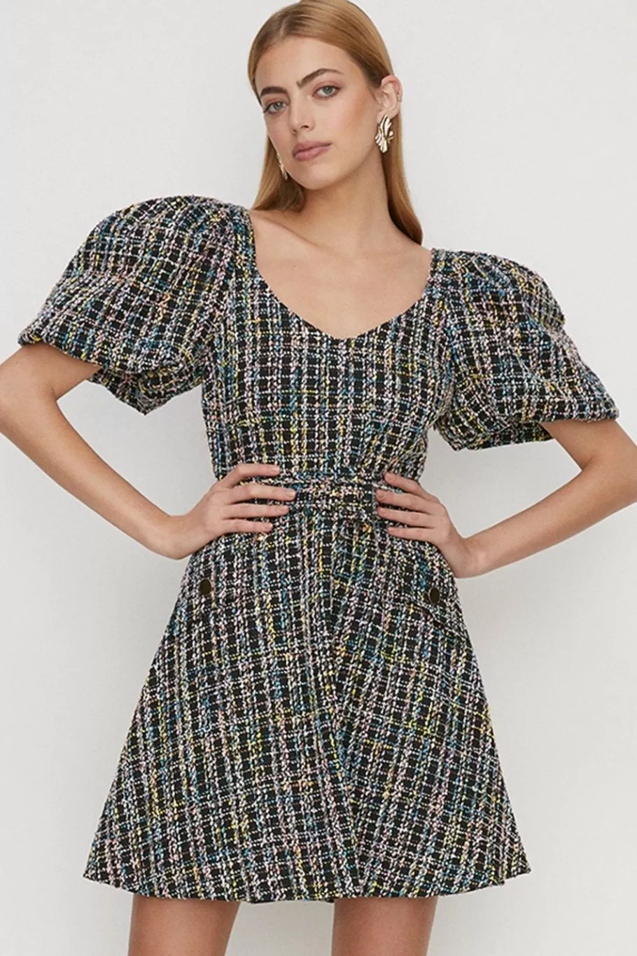 Oasis Tweed Puff Sleeve Belted Mini Dress Multi Online