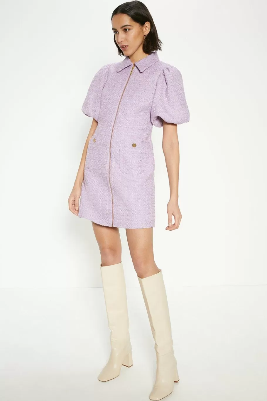 Oasis Tweed Puff Sleeve Zip Through Mini Dress Lilac New