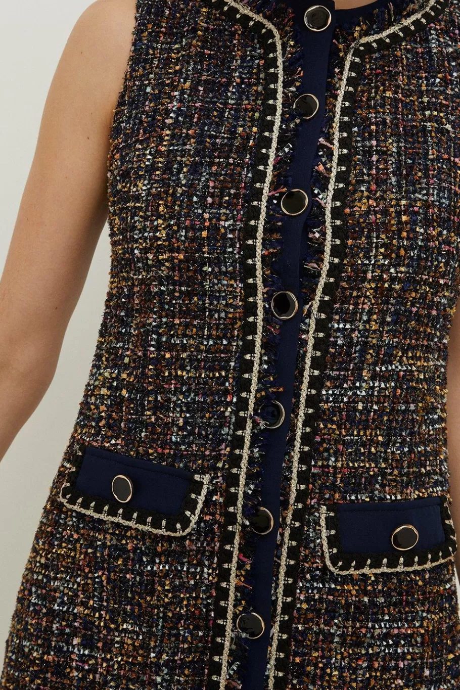 Oasis Tweed Trimmed Button Through Mini Dress Navy Online