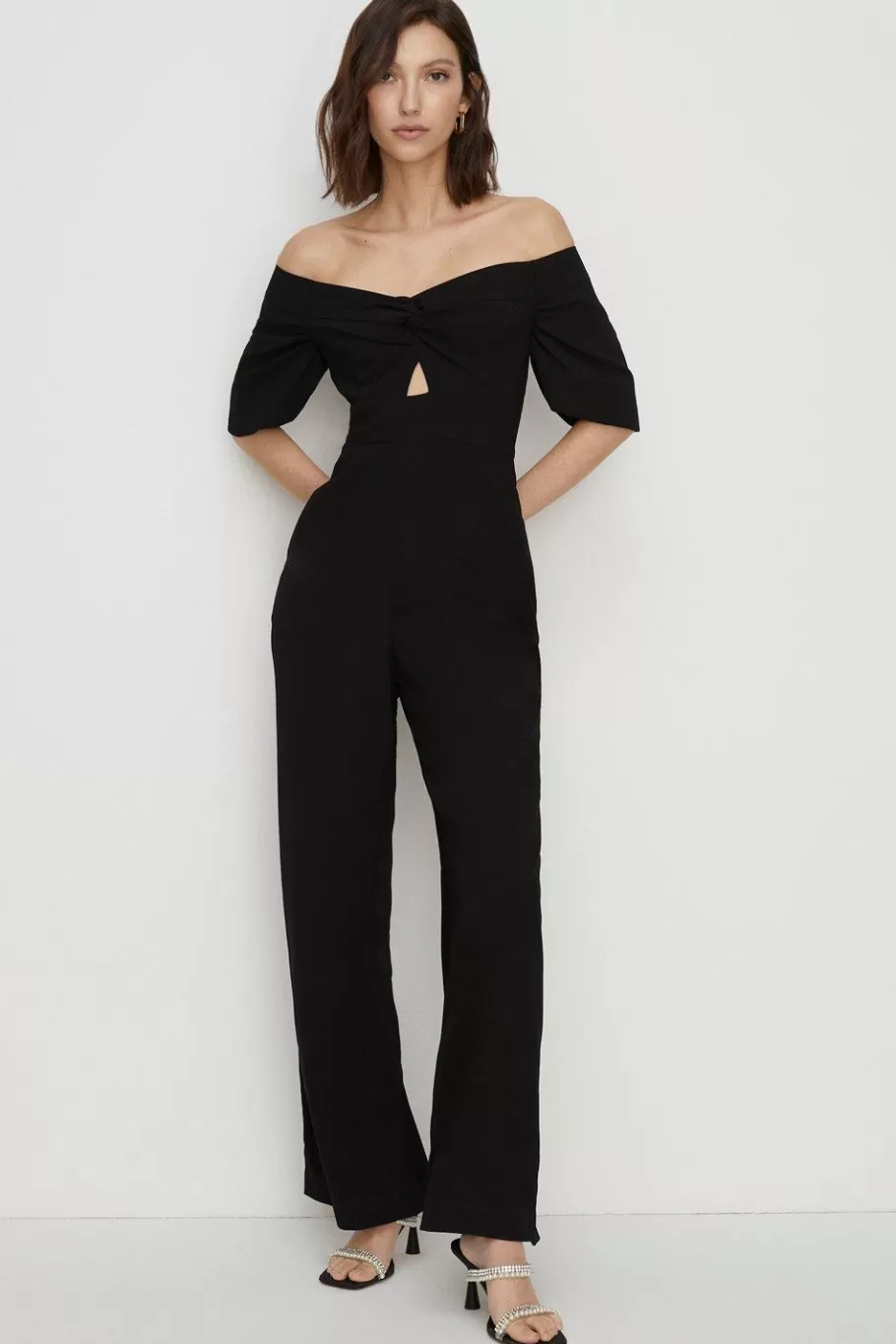 Oasis Twist Front Bardot Crepe Jumpsuit Black New