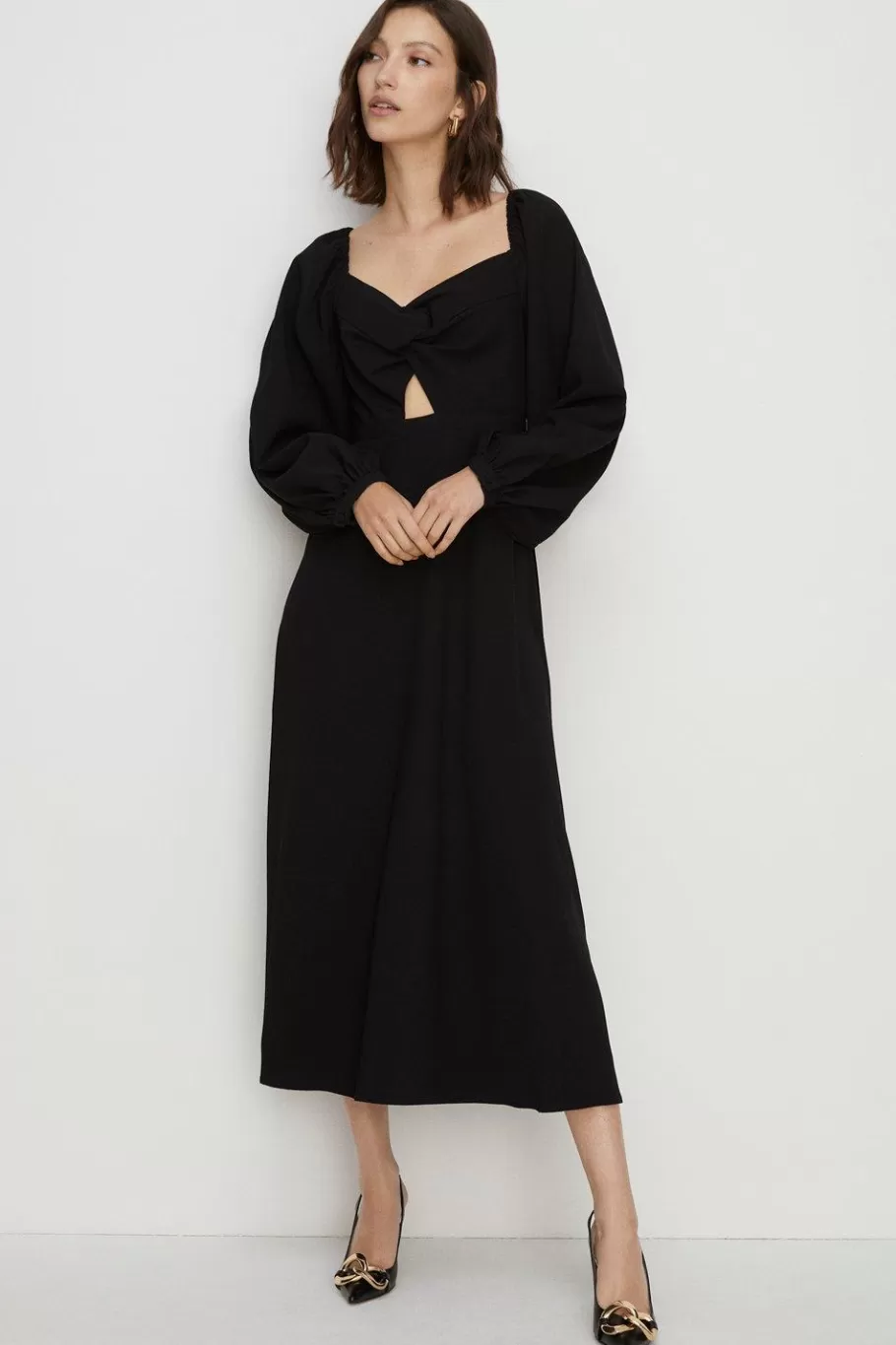 Oasis Twist Front Bardot Crepe Midi Dress Black Outlet