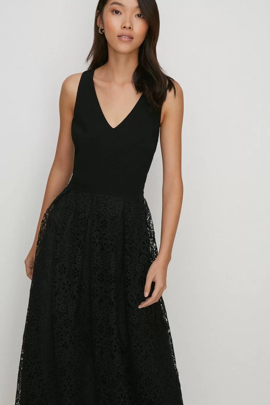 Oasis V Neck Lace Skirt Midi Dress Black Discount