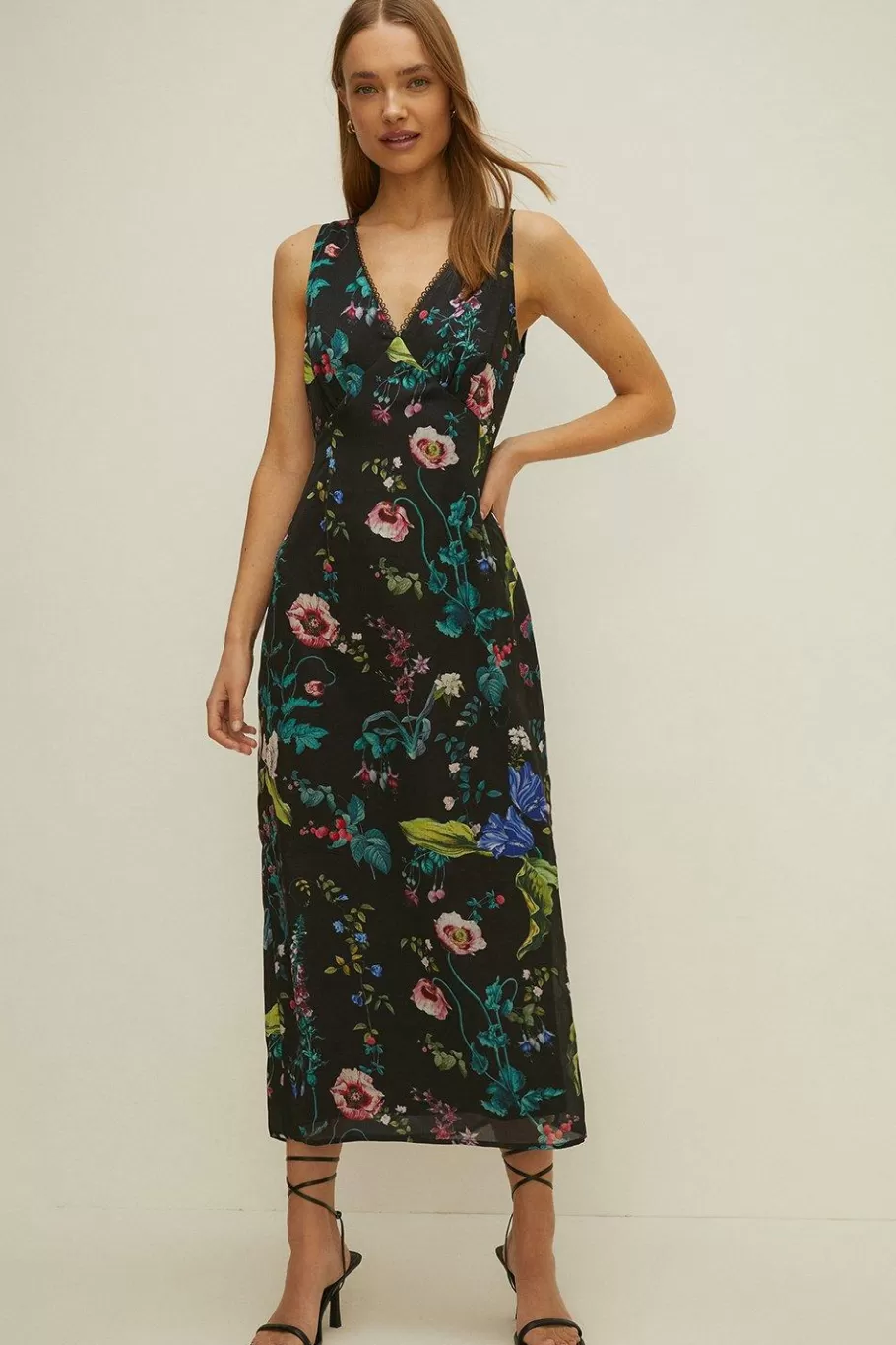 Oasis V Plunge Floral Printed Satin Midaxi Dress Black Outlet