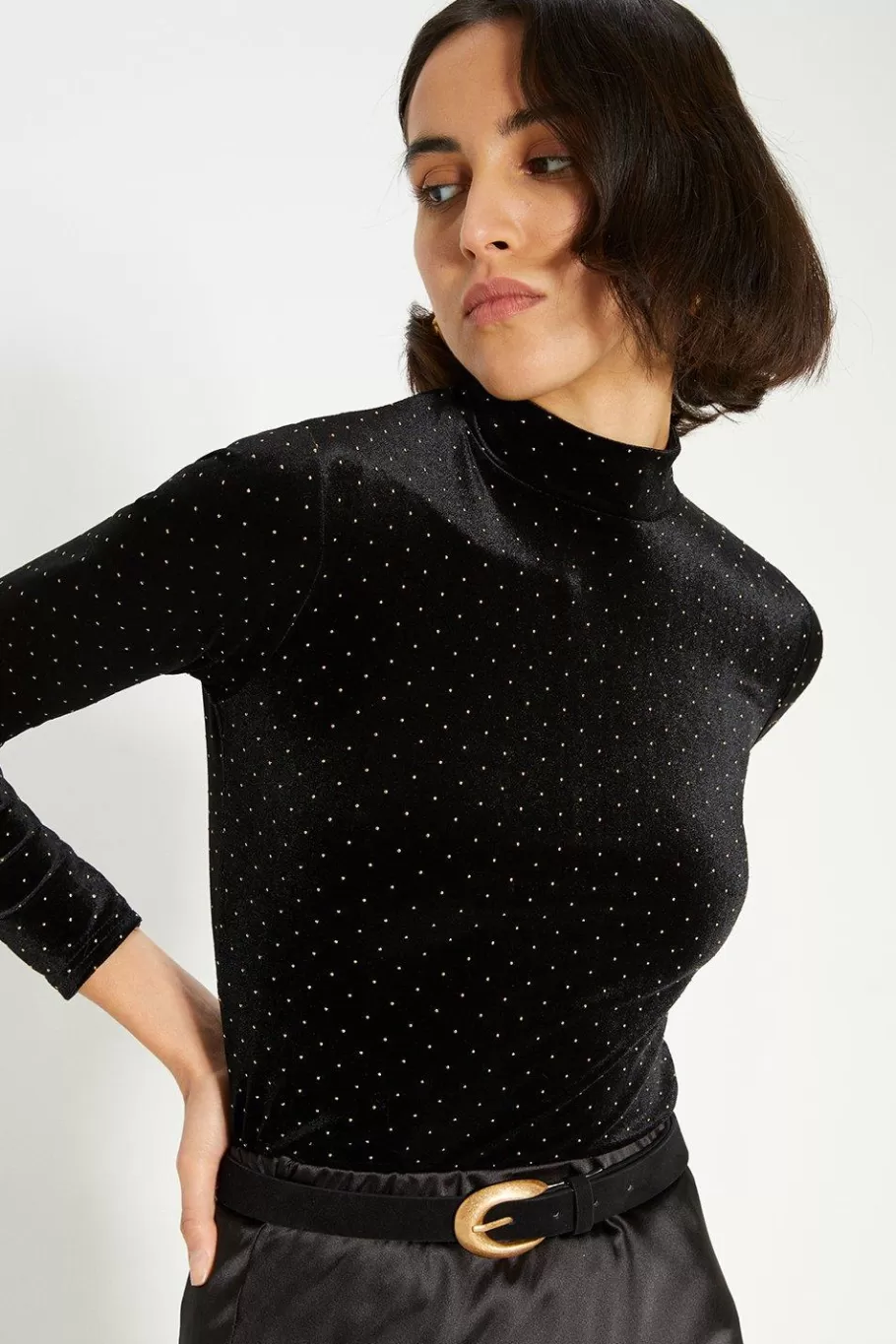 Oasis Velvet Gold Stud Funnel Neck Top Black Best