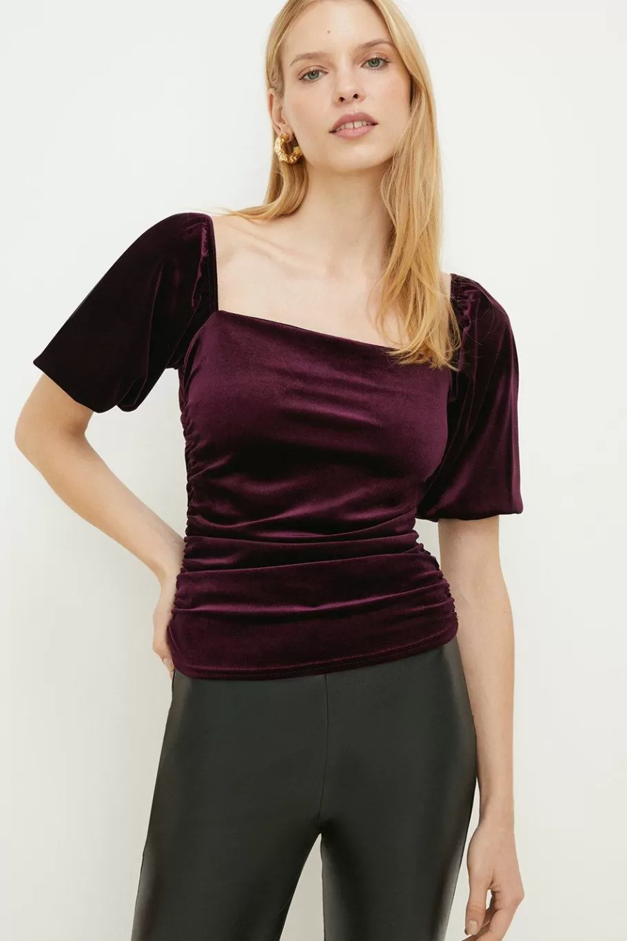 Oasis Velvet Ruched Puff Sleeve Top Aubergine New