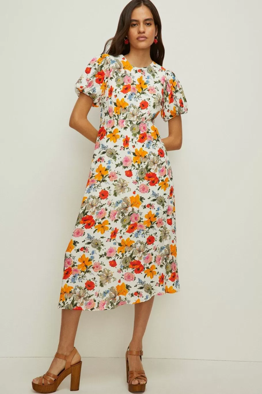 Oasis Watercolour Floral Puff Sleeve Midi Dress Ivory Online