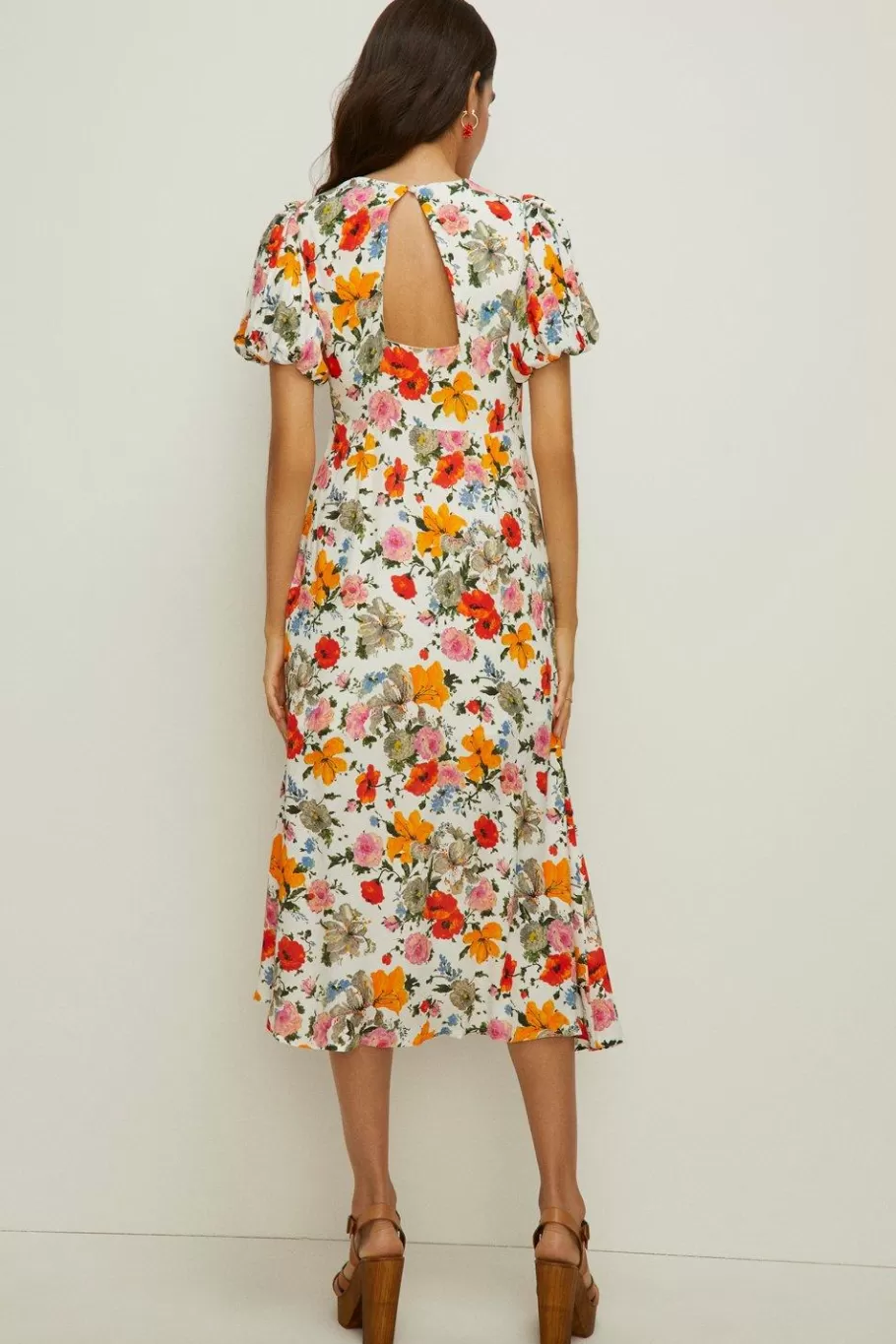 Oasis Watercolour Floral Puff Sleeve Midi Dress Ivory Online