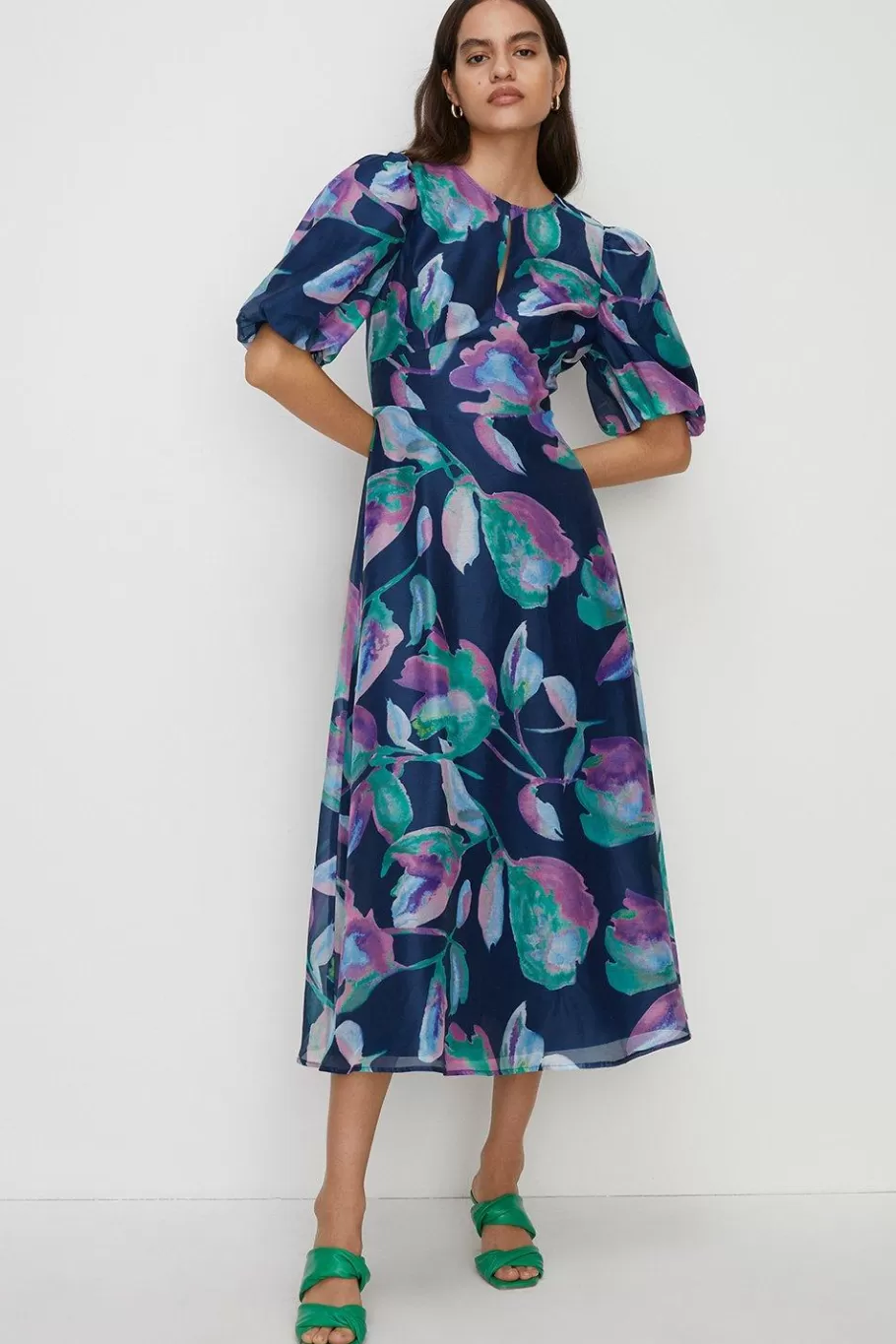 Oasis Watercolour Keyhole Organza Midi Dress Navy Flash Sale