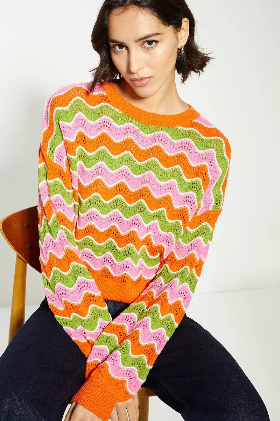 Oasis Wavy Stripe Pointelle Detail Jumper Multi Flash Sale