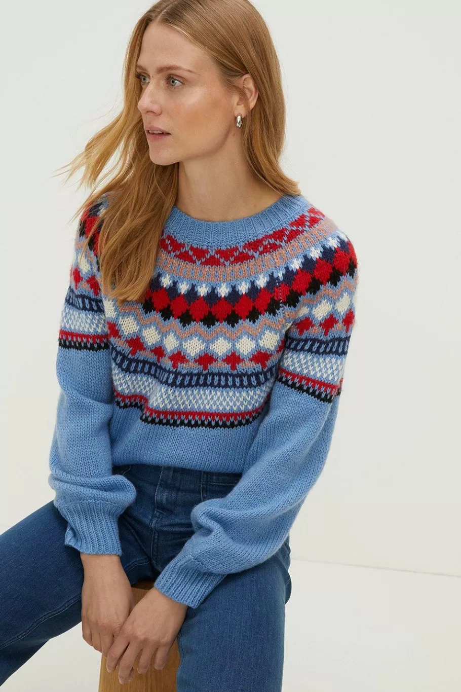 Oasis Wool Blend Crew Neck Fairisle Jumper Green Flash Sale