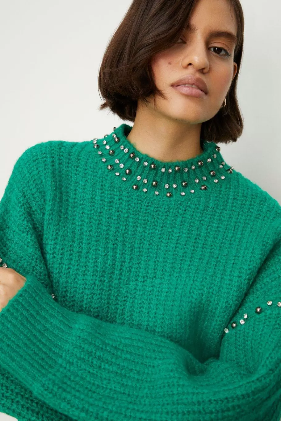 Oasis Wool Blend Embellished High Neck Jumper Green New