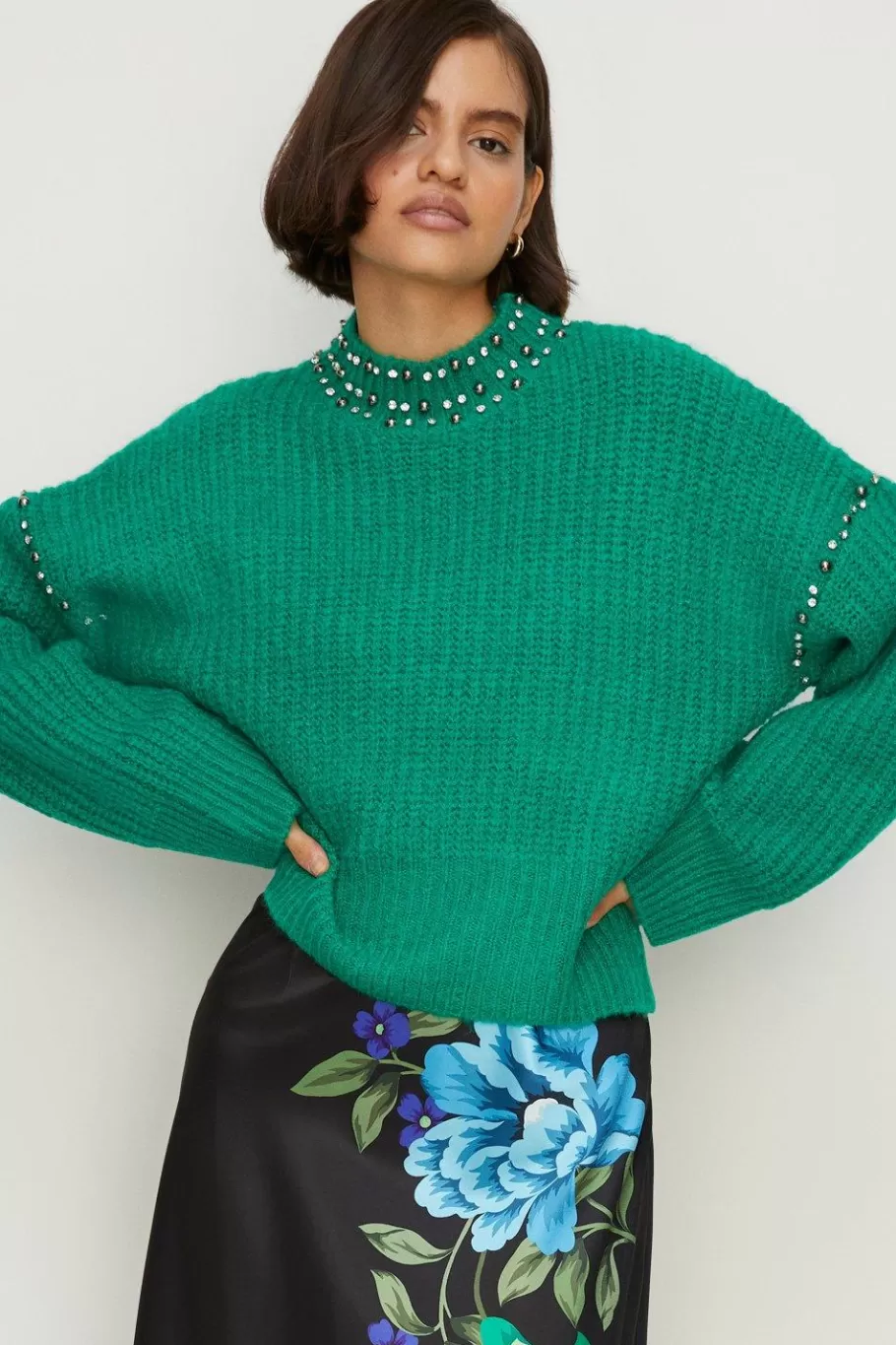 Oasis Wool Blend Embellished High Neck Jumper Green New