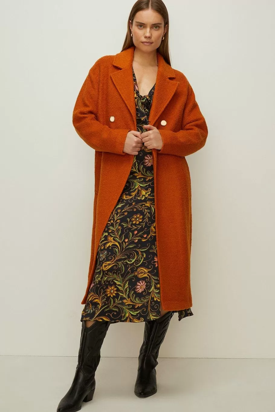 Oasis Wool Mix Boucle Oversized Coat Burnt Orange New