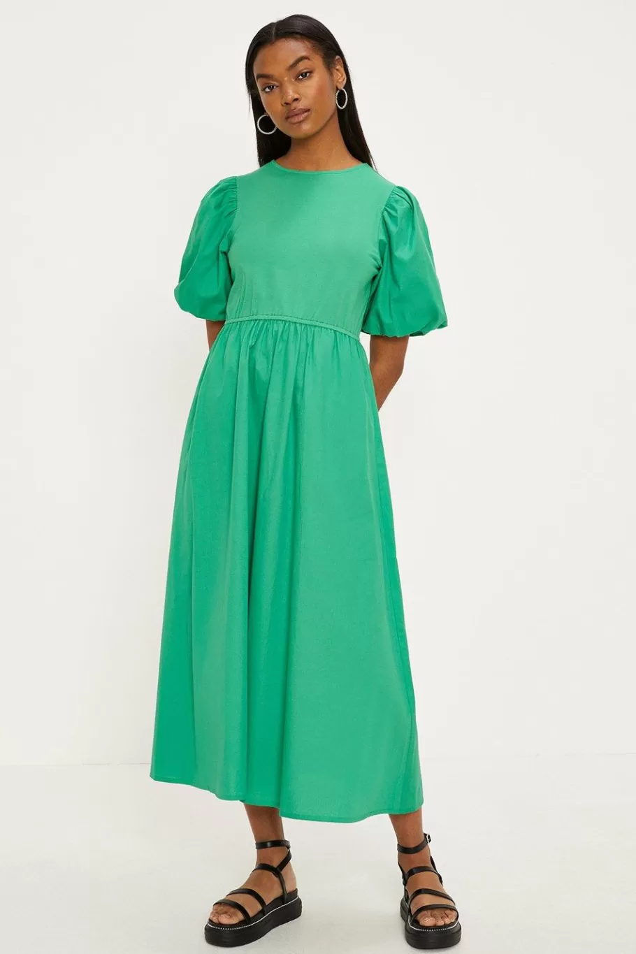 Oasis Woven Mix Puff Sleeve Cotton Midi Dress Green Hot