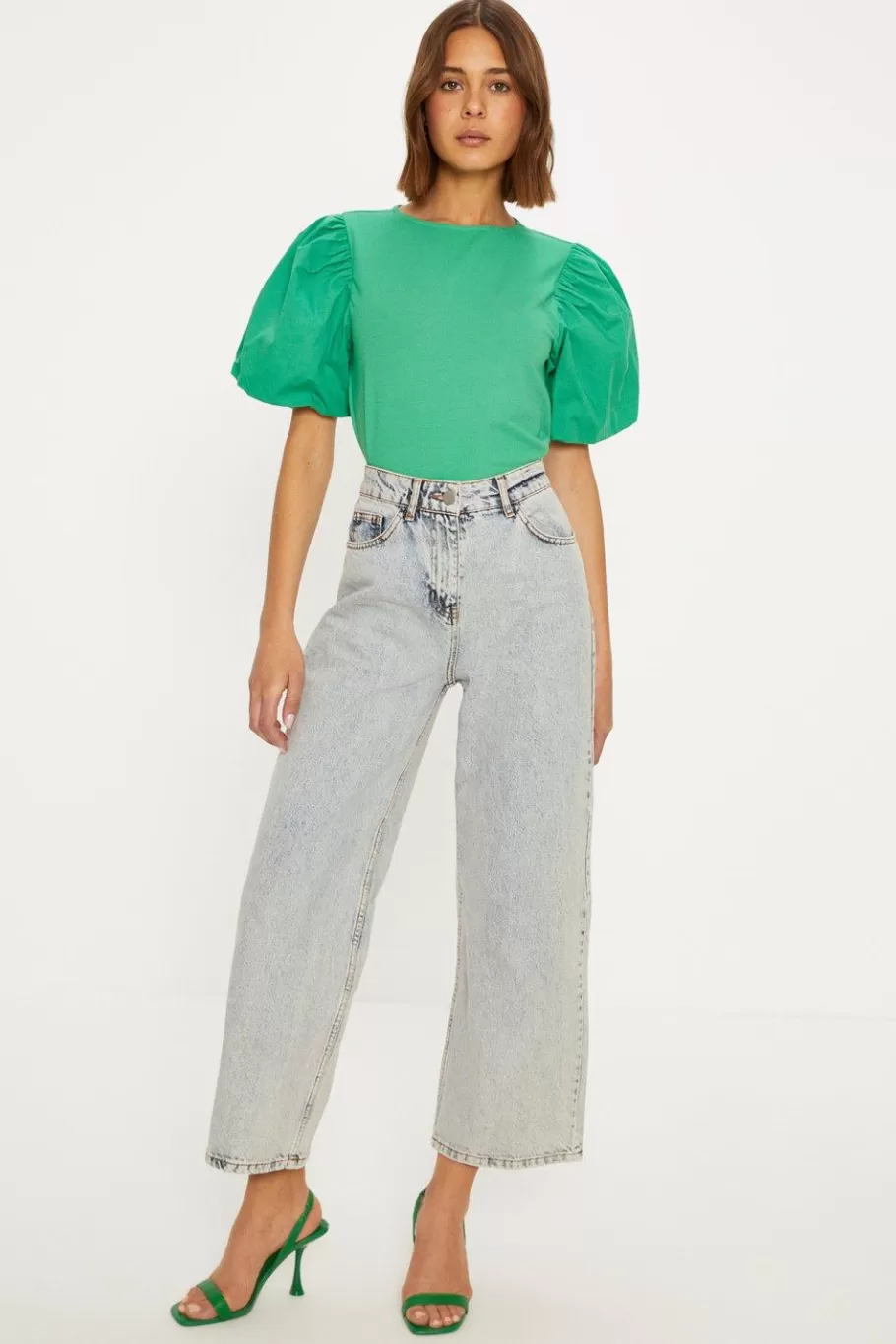 Oasis Woven Mix Puff Sleeve Tshirt Green Best Sale