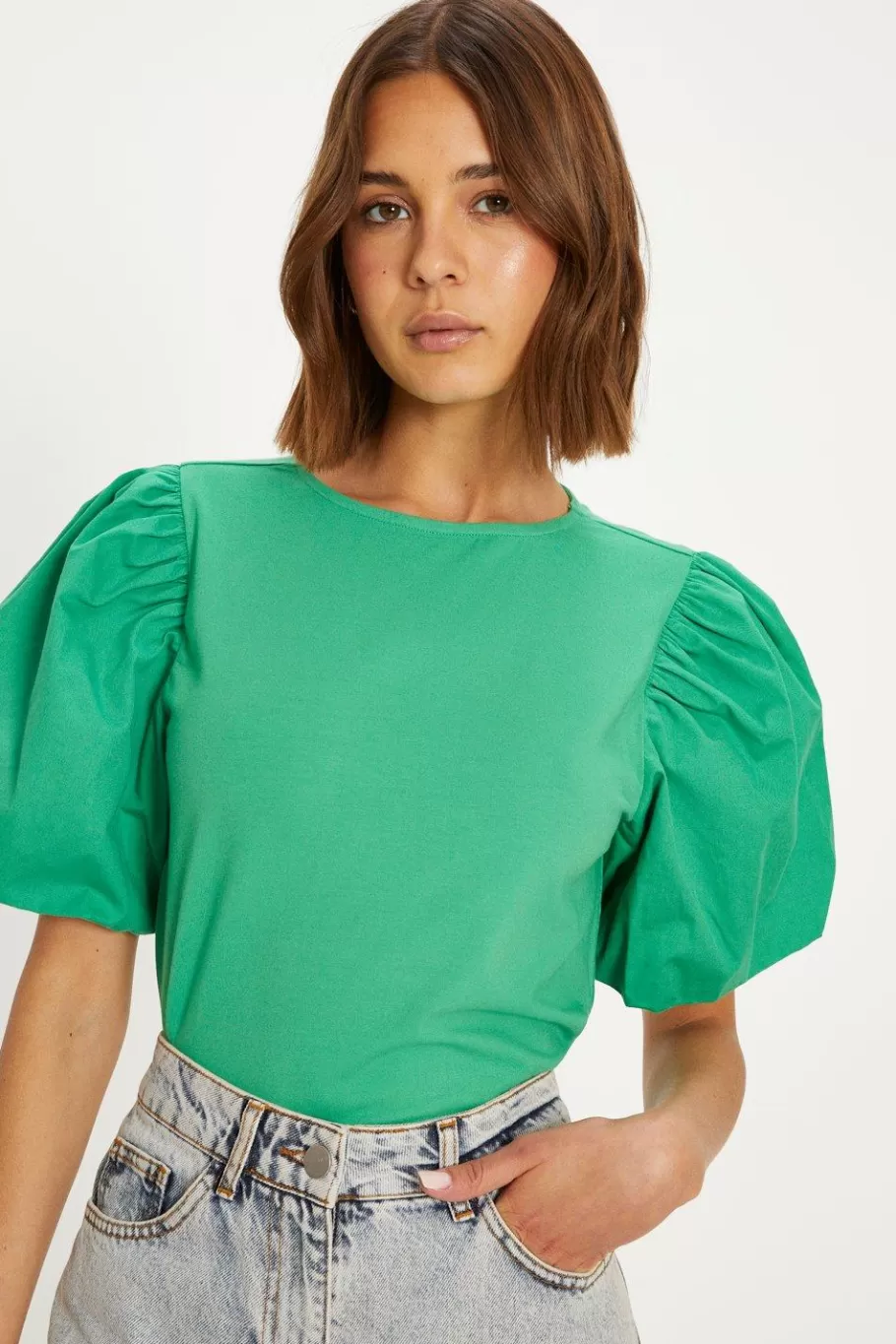 Oasis Woven Mix Puff Sleeve Tshirt Green Best Sale