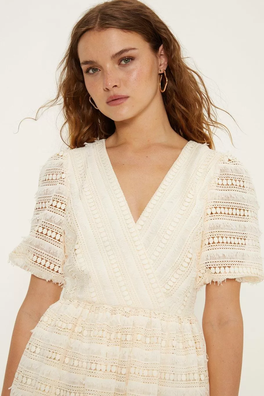 Oasis Wrap Front Puff Sleeve Lace Midi Dress Ivory Clearance