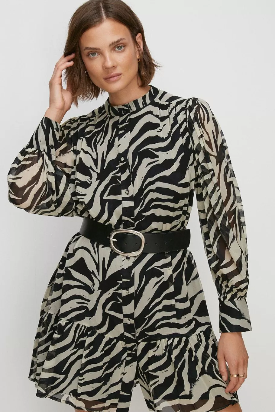 Oasis Zebra Printed Belted Mini Shirt Dress Khaki Outlet