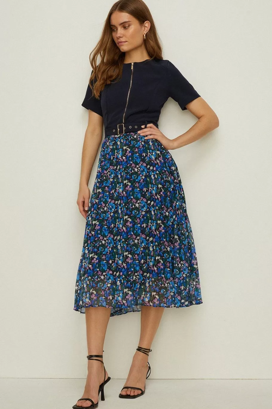 Oasis Zip Through Floral Pleated Dress Navy Online